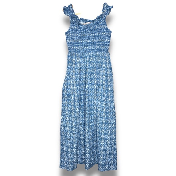 Gal Meets Glam Collection Blue Floral Print Ruffle Neck Sleeveless Maxi Dress 6 - Picture 2 of 11